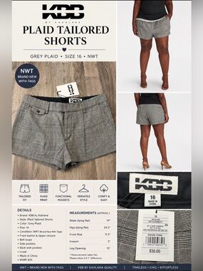 KBB by Kahlana Grey Plaid Tailored Shorts Size 16 NWT